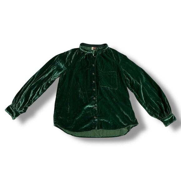 Anthropologie Pilcro Emerald Green Velvet Button Down Shirt Blouse Size Medium - Picture 1 of 8